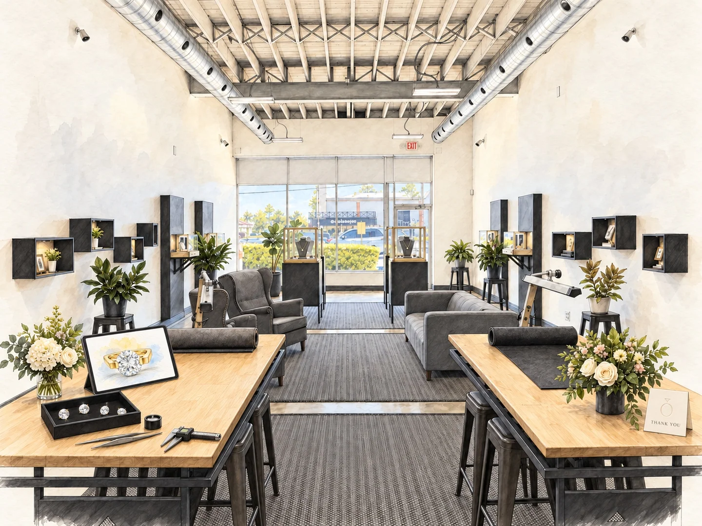 Watercolor illustration of the OVOEU Atelier, with design tables, jewelry displays and seating.
