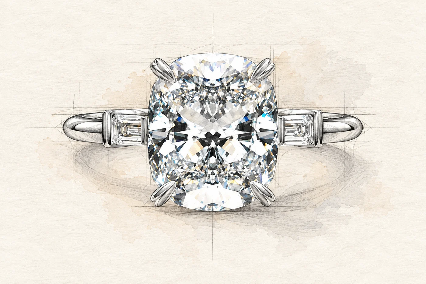 OVOEU old mine cut elongated cushion ring design sketch.