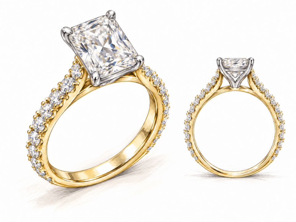 Illustrative ring study showing two perspectives of a rectangular center stone and stone-set band.