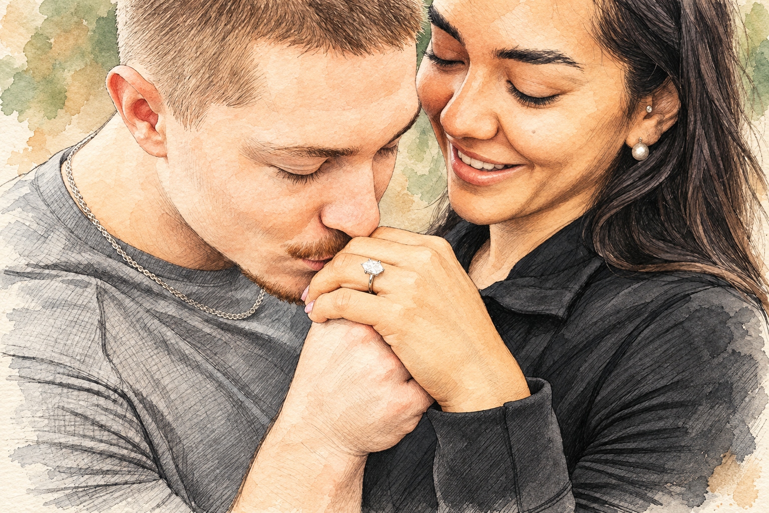 Watercolor illustration of a couple sharing a hand-kiss, with an engagement ring visible on her hand.